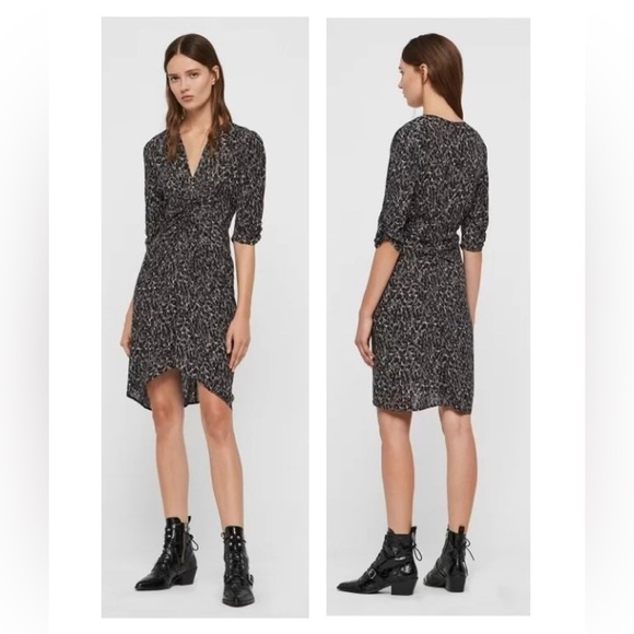ALLSAINTS Josephine Waterleo Short Sleeve Ruched Leopard Print Mini Dress NEW - Picture 3 of 14